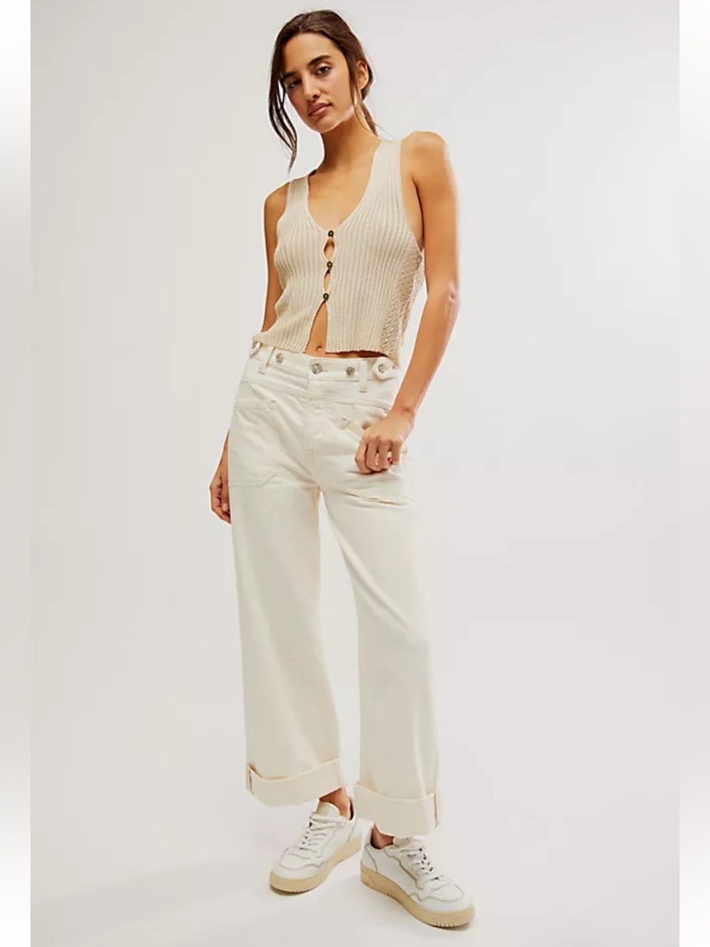 free people we the free palmer cuffed jeans in eggshell NWT